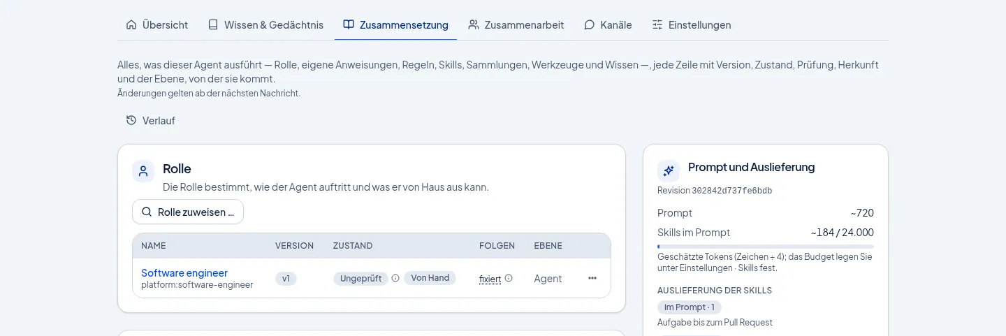 Bildschirmfoto der Zusammensetzung des Agenten „Entwickler“ im Schattenmodus: die Rolle Software engineer in Version 1 und der Skill „Aufgabe bis zum Pull Request“.