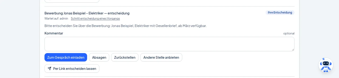 Bildschirmfoto einer offenen Freigabe zur Bewerbung von Jonas Beispiel als Elektriker, mit den Schaltflächen Zum Gespräch einladen, Absagen, Zurückstellen, Andere Stelle anbieten und Per Link entscheiden lassen.
