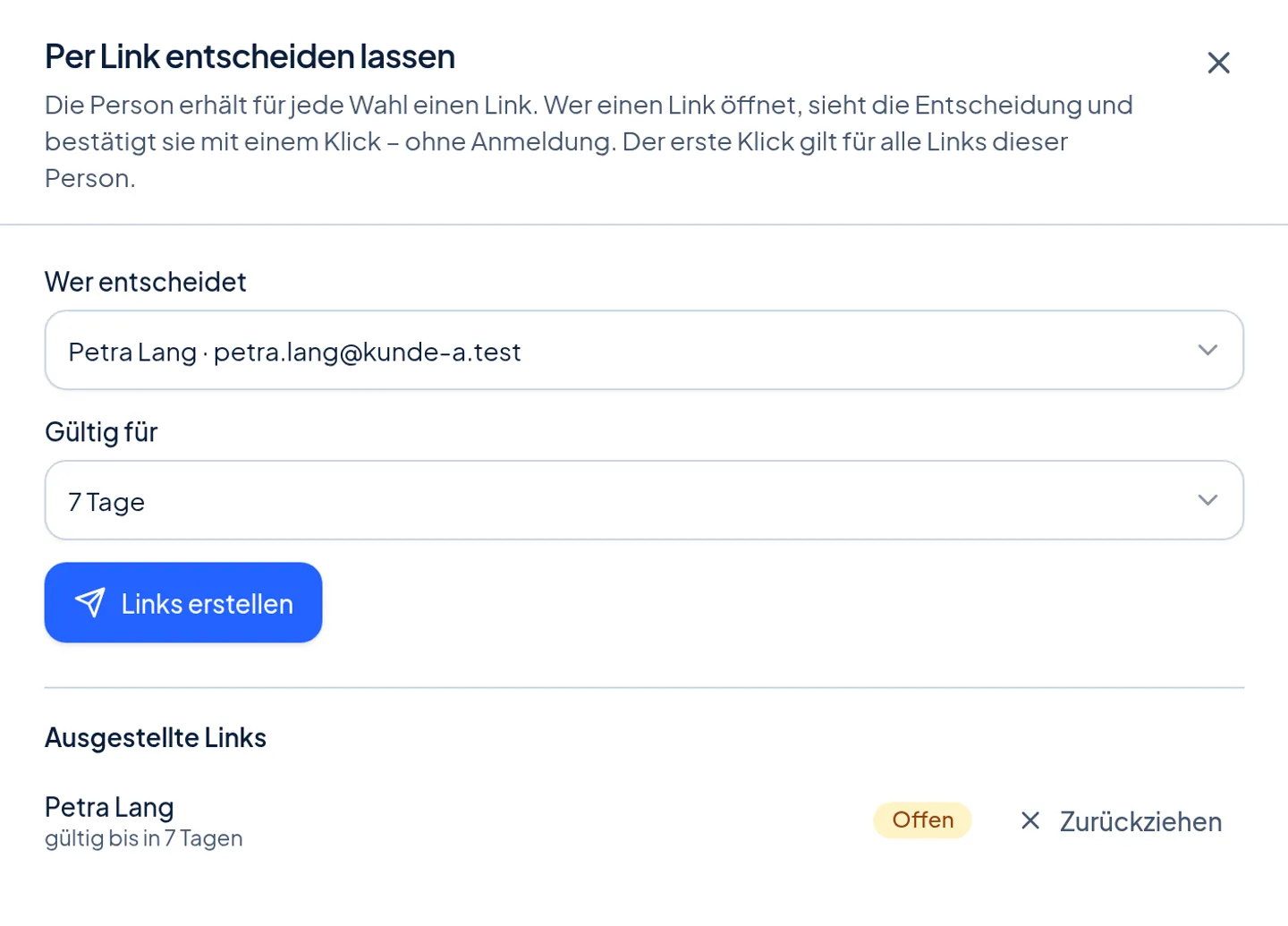 Bildschirmfoto des Fensters „Per Link entscheiden lassen“: Als Entscheiderin ist Petra Lang gewählt, die Links gelten sieben Tage.