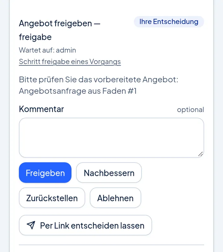 Bildschirmfoto auf dem Telefon: die offene Freigabe einer Bewerbung mit vier Wahlmöglichkeiten und „Per Link entscheiden lassen“.