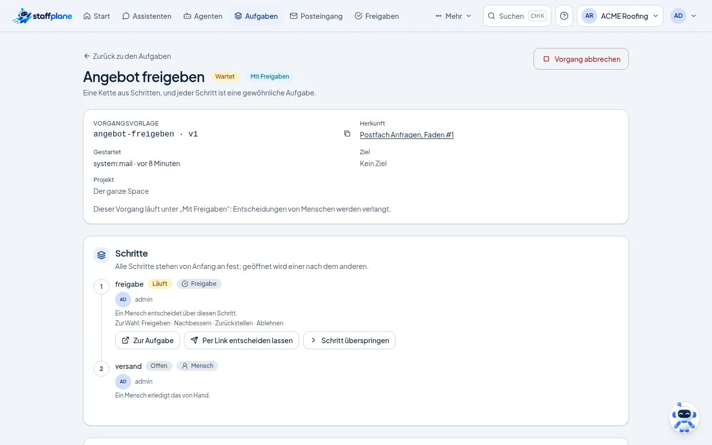 Bildschirmfoto des Vorgangs „Bewerbung Jonas Beispiel – Elektriker“ mit zwei Schritten: der laufenden Entscheidung und der anschließenden Antwort.